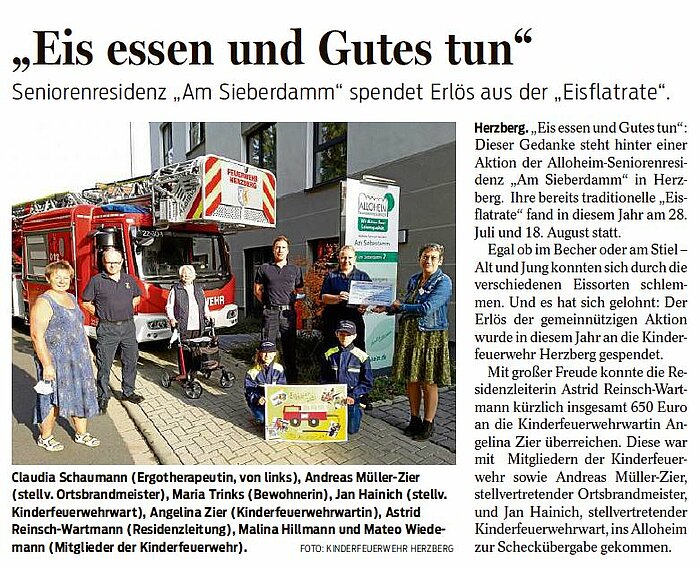 Presseartikel aus dem Harzkurier vom 26.10.2021 über die Spendenaktion der Alloheim Senioren-Residenz "Am Sieberdamm" in Herzberg am Harz