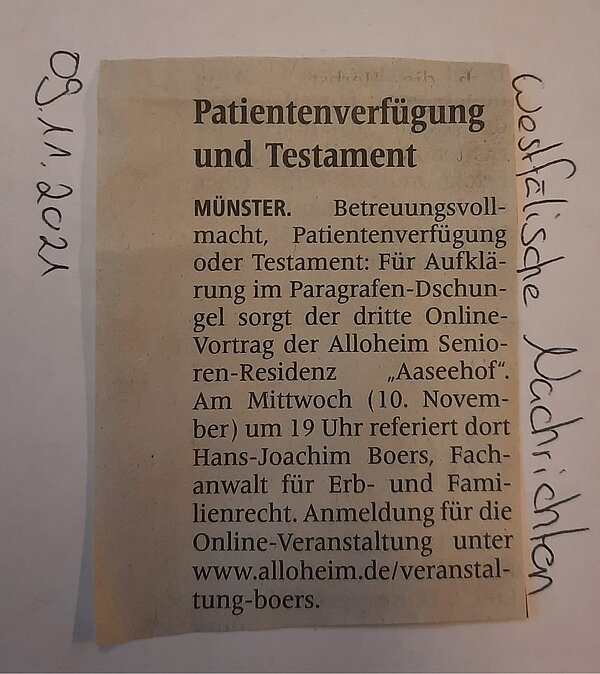 Zeitungsartikel über den Expertenvortrag zum Thema Patientenverfügung und Testament aus den Westfälischen Nachrichten vom 09.11.2021