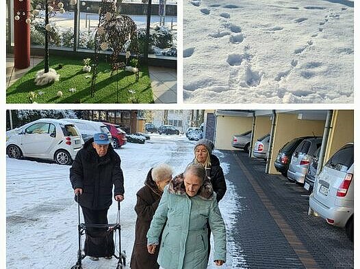 Collage, Bewohner beim Spaziergang, schneebedeckte Wiese, Winterdekoration