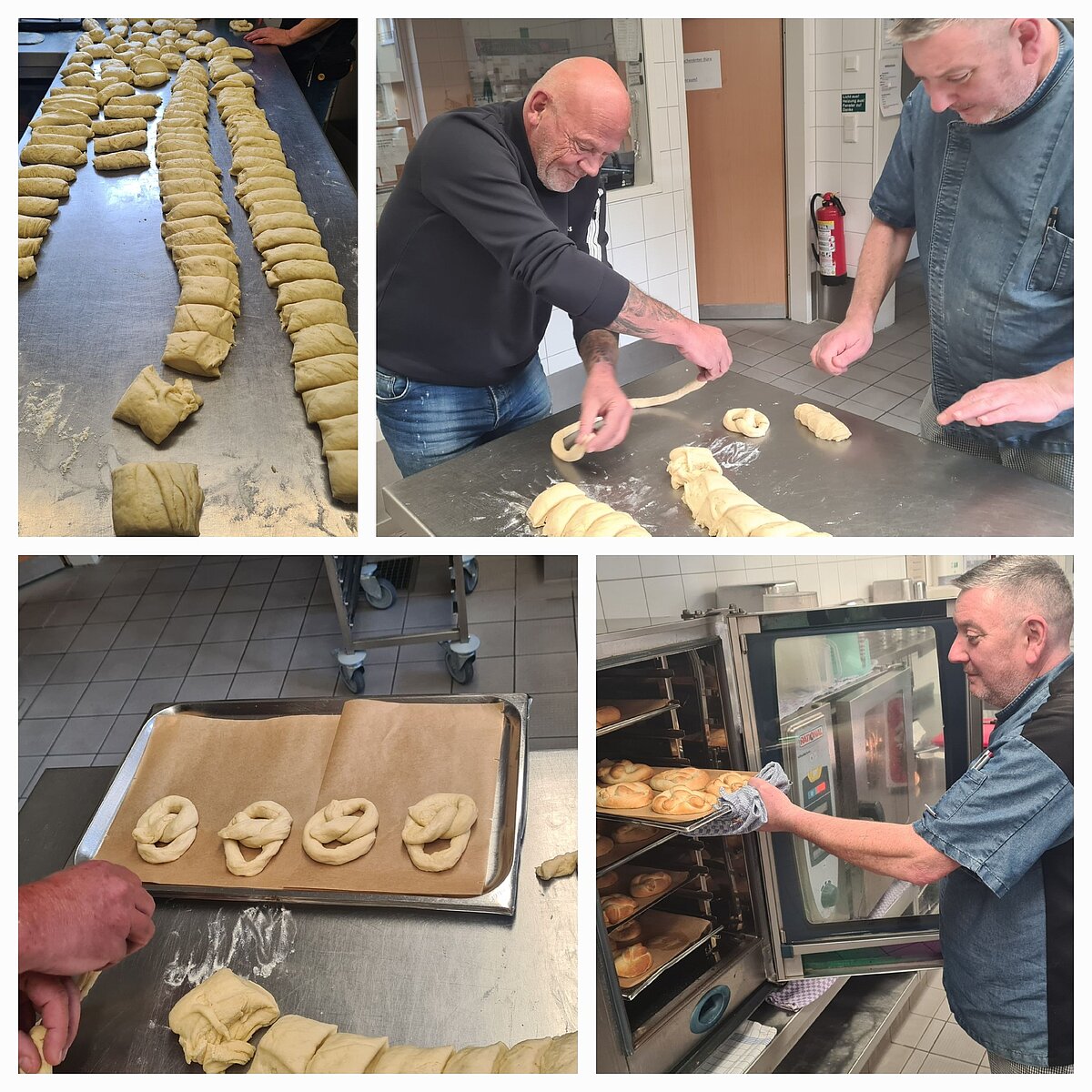 Leitung Herr Becker und Koch Herr Rück beim Backen der Brezeln