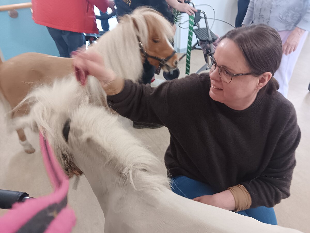Mitarbeiterin streichelt Pony