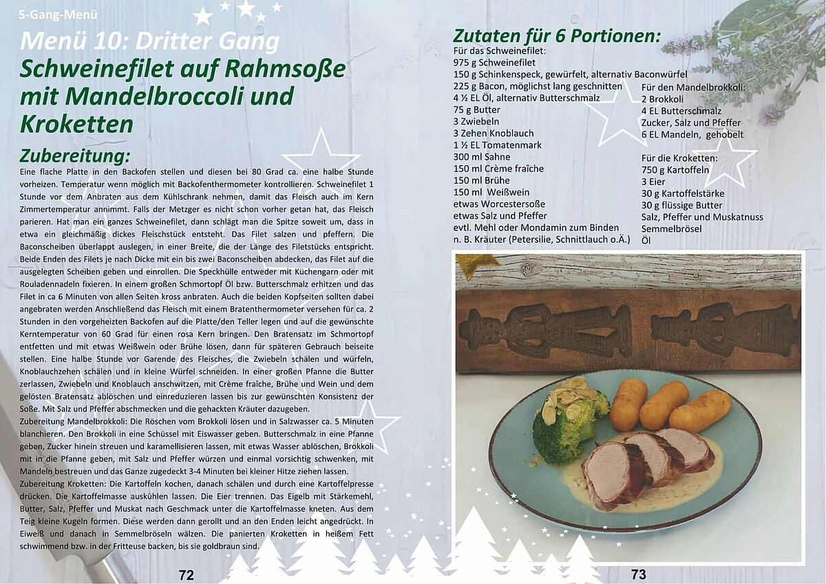 Menü 10: Schweinefilet auf Rahmsoße mit Mandelbroccoli und Kroketten - Rezept aus dem Alloheim Weihnachtskochbuch