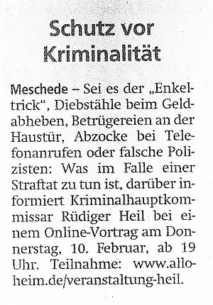 Presseartikel aus dem Ruhrkurier vom 29.01.2022 zum Vortrag über Trickbetrug des Seniorenheims in Meschede