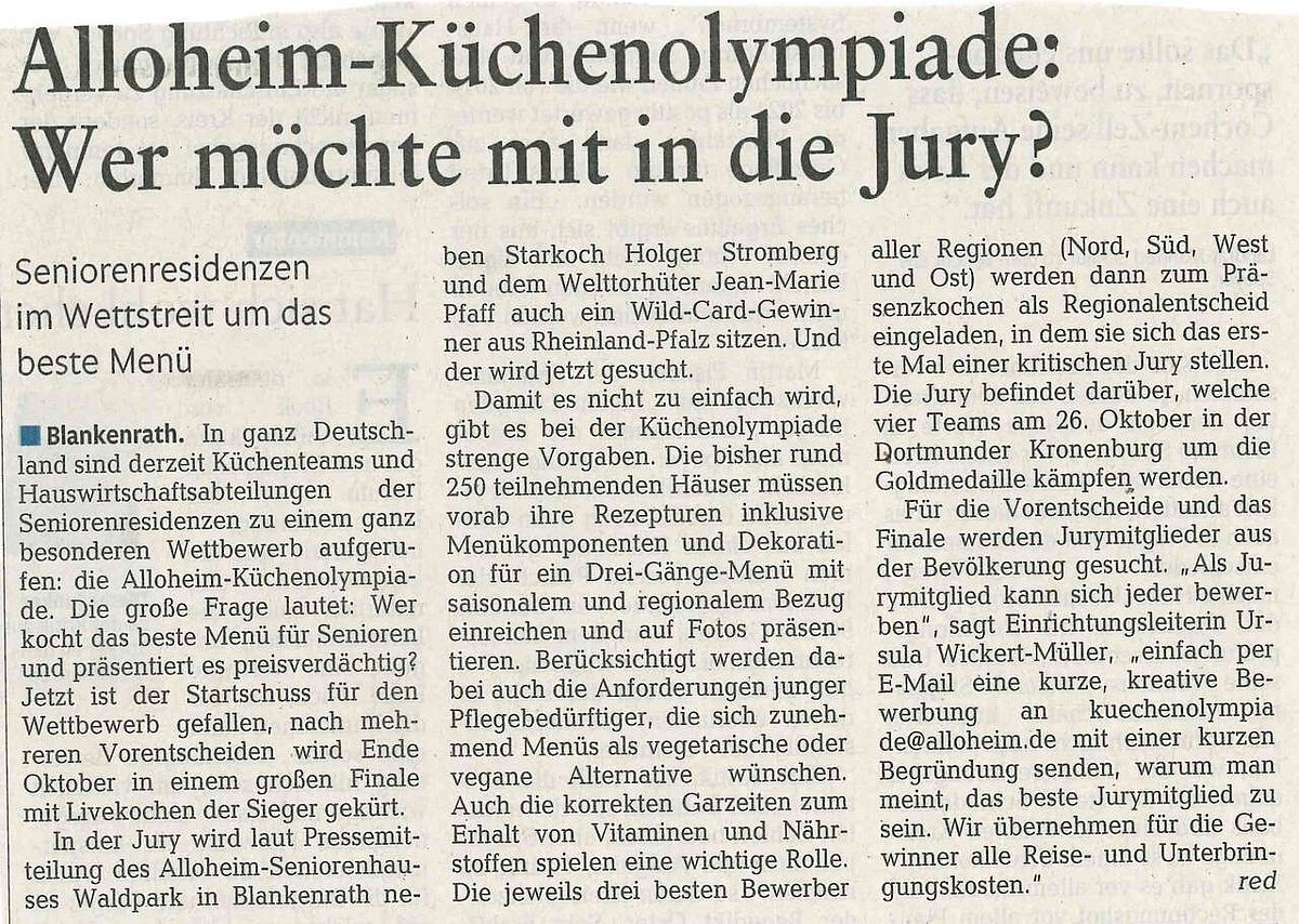 Zeitungsartikel über die Alloheim Küchenolympiade