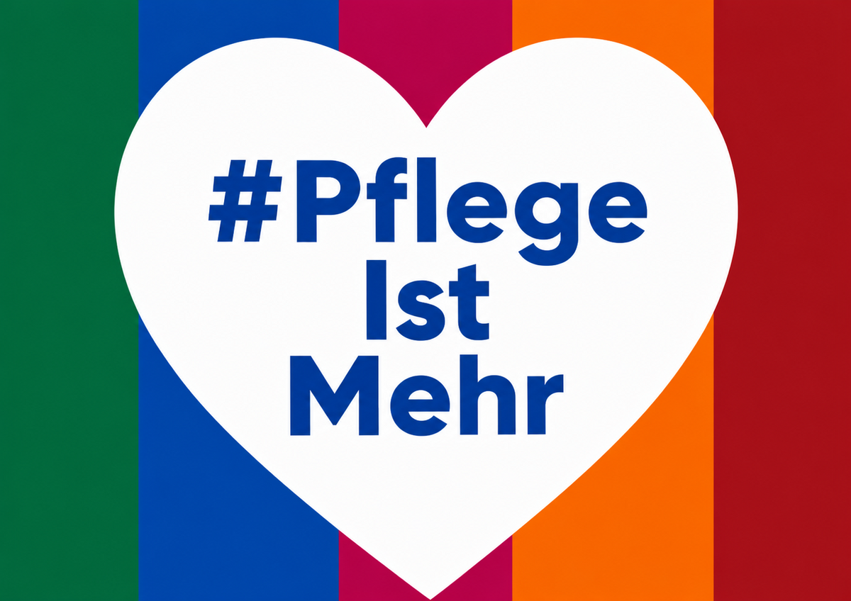 Grafik mit Herz und Schriftzug "Pflege ist mehr" als Kampagnenmotiv zum Tag der Pflegenden (KI-generiert)