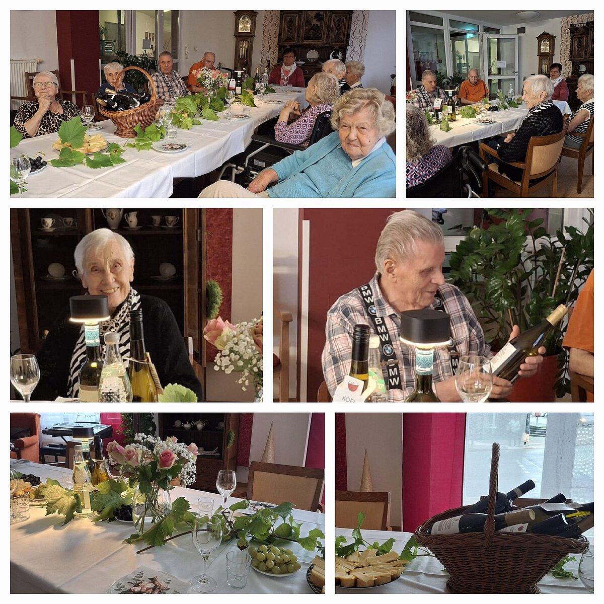 Collage, Wein, Essen, Bewohner in Runde
