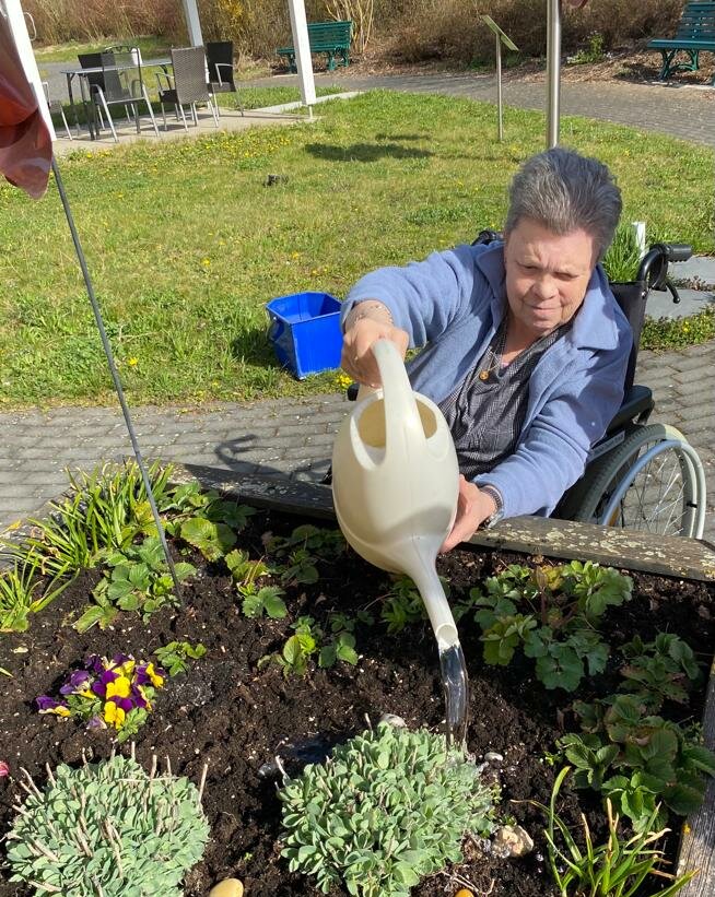 Bewohnerin des Seniorenheims in Marktheidenfeld gießt das Hochbeet