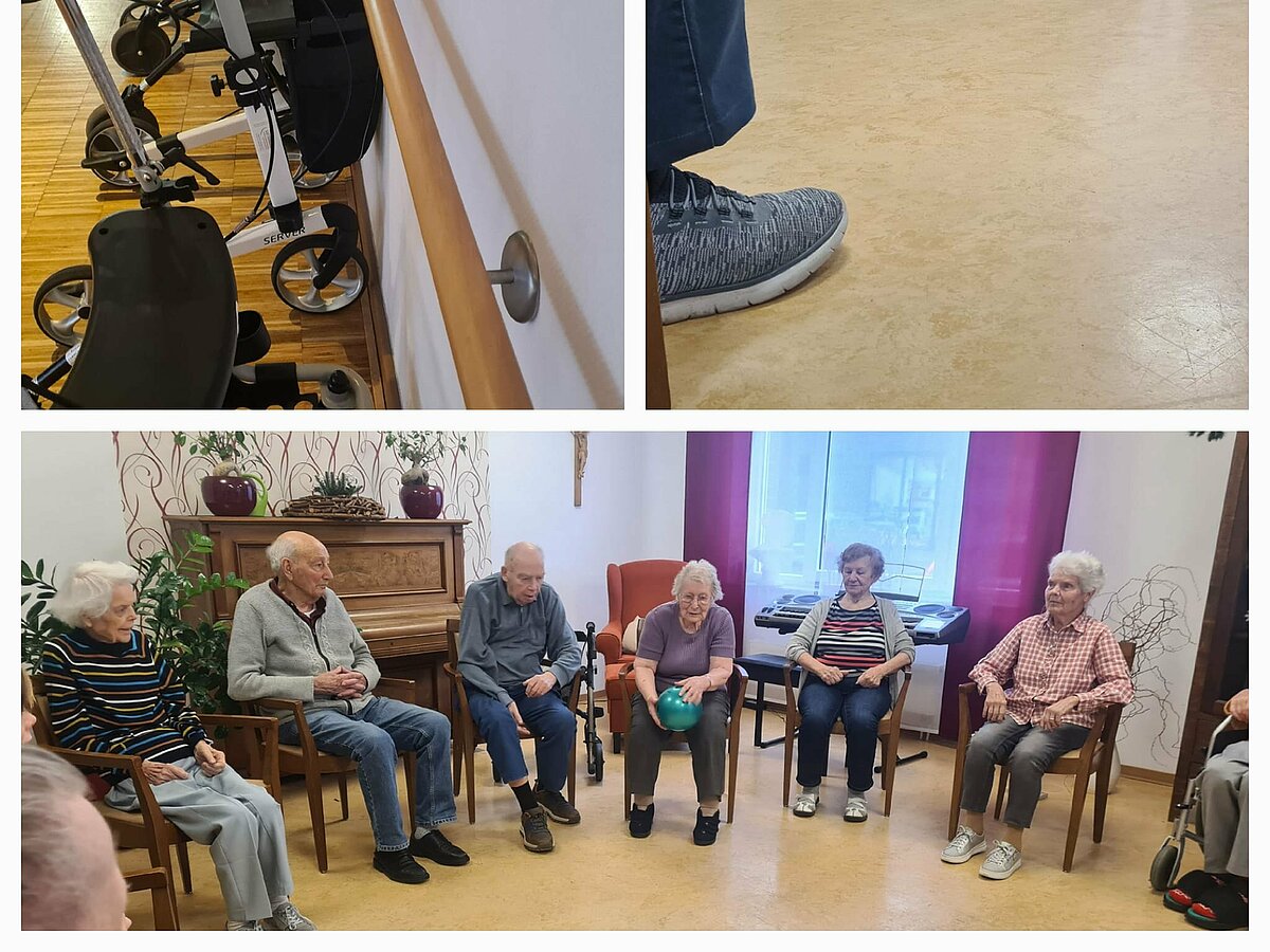 Collage, Bewohner bei der Gymnastik mit dem Ball im Stuhlkreis, Rollatorparade, Füße