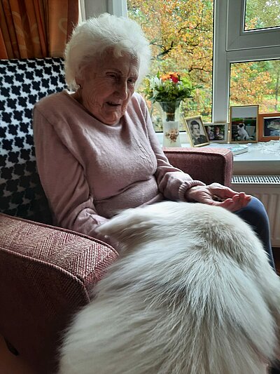 Seniorin gibt Besuchshund Leckerlis im Seniorenheim "Kapernaum" in Hamburg