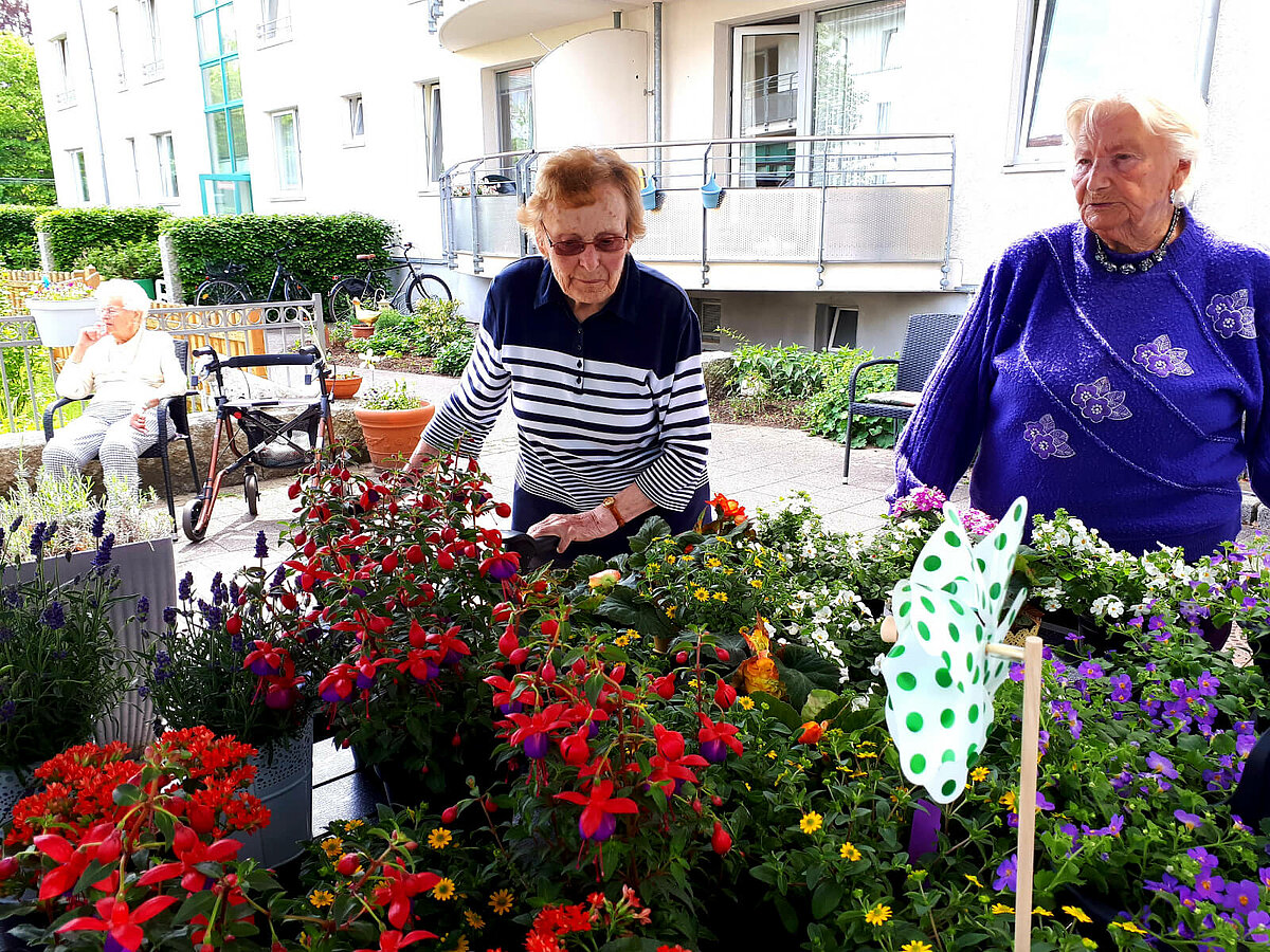 Seniorinnen beim Blumenverkauf vor der Senioren-Residenz "Waldersee" in Lübeck