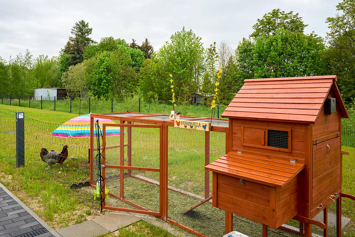 Hühnerstall im Garten des Seniorenheims in Werdau