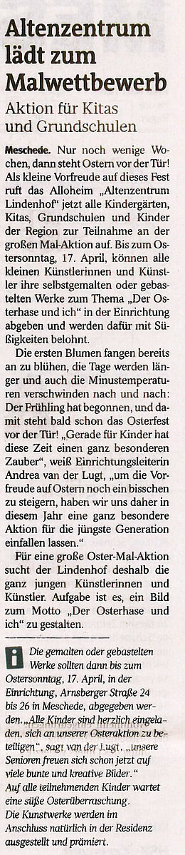 Zeitungsartikel über den Ostermalwettbewerb aus der Westfalenpost vom 05.04.2022