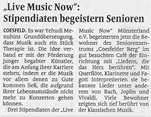 Presseartikel aus der Allgemeinen Zeitung Coesfeld vom 26.04.2022 über "Live Music Now" im Seniorenzentrum