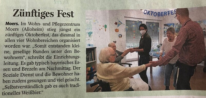 Zeitungsartikel über das Oktoberfest im Wohn- und Pflegezentrum Moers, erschienen in der NRZ am 17.11.2021