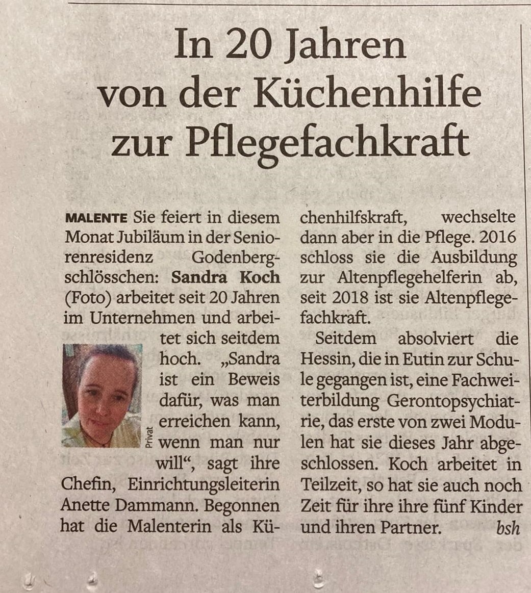 Zeitungsartikel über eine Pflegefachkraft  in der Senioren-Residenz Godenbergschlösschen
