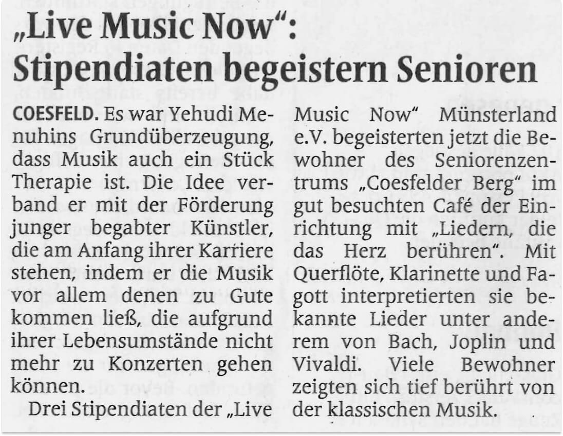 Presseartikel aus der Allgemeinen Zeitung Coesfeld vom 26.04.2022 über "Live Music Now" im Seniorenzentrum