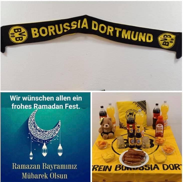 Fotocollage mit 3 Bildern: Borussia Dormund Schal an der Wand, gedeckter Tisch mit Essen und Getränken und Grafik zu Ramadan