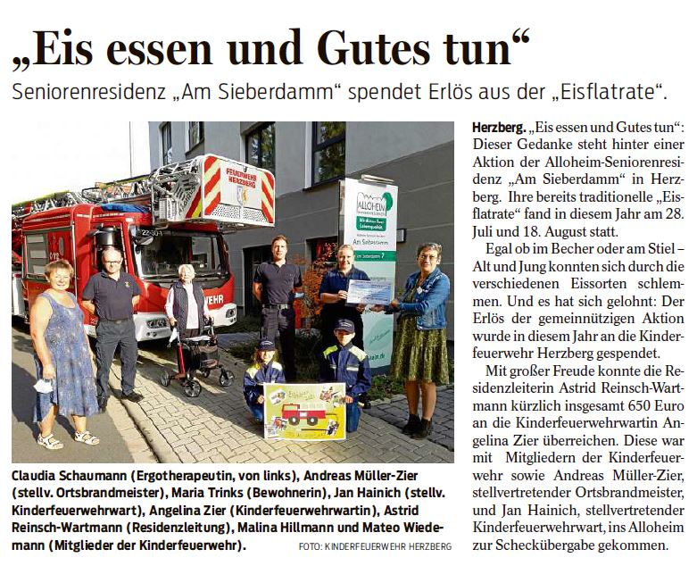 Presseartikel aus dem Harzkurier vom 26.10.2021 über die Spendenaktion der Alloheim Senioren-Residenz "Am Sieberdamm" in Herzberg am Harz