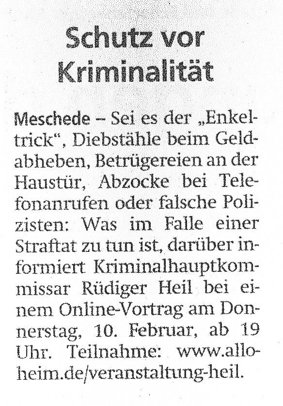 Presseartikel aus dem Ruhrkurier vom 29.01.2022 zum Vortrag über Trickbetrug des Seniorenheims in Meschede