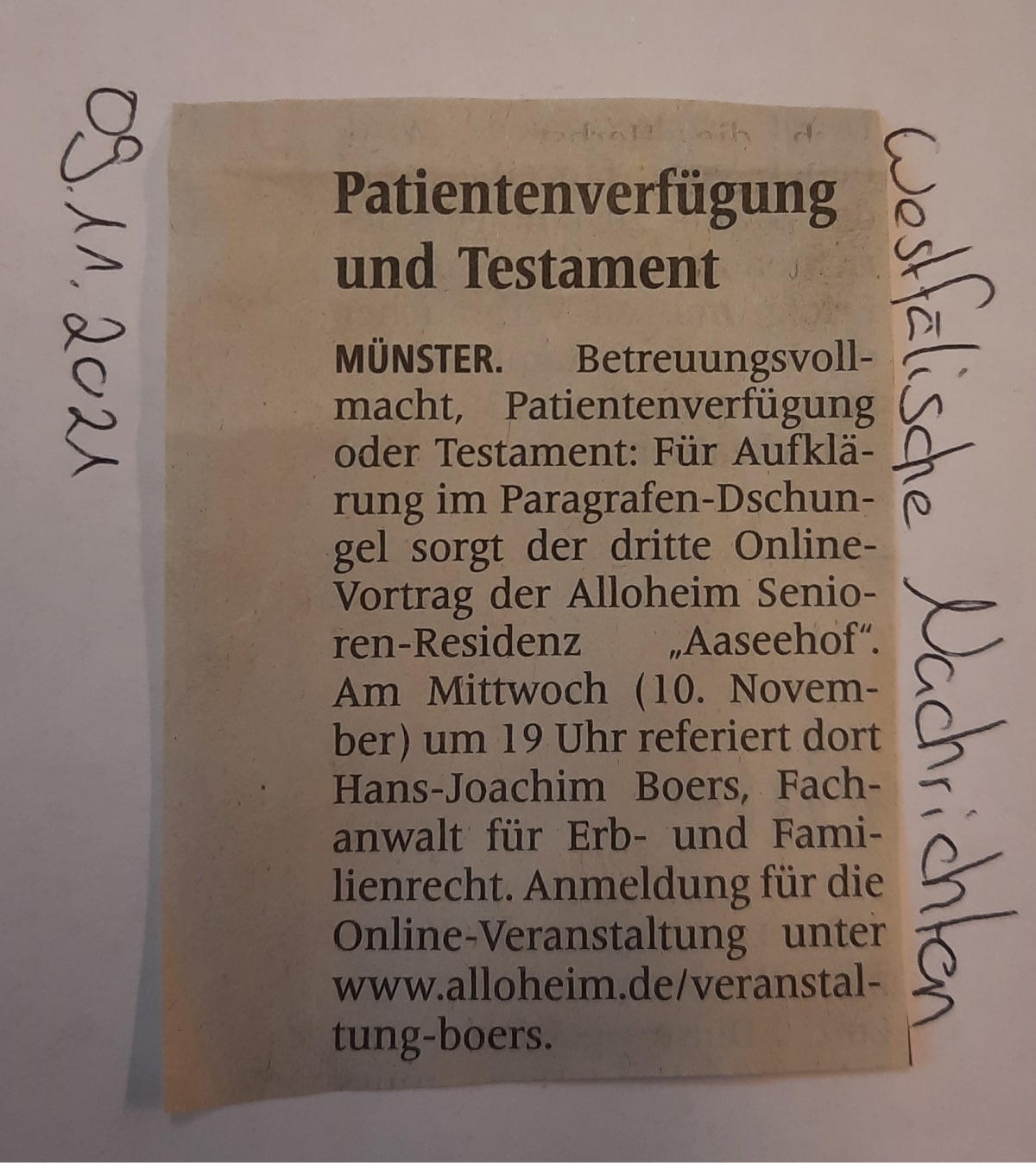 Zeitungsartikel über den Expertenvortrag zum Thema Patientenverfügung und Testament aus den Westfälischen Nachrichten vom 09.11.2021