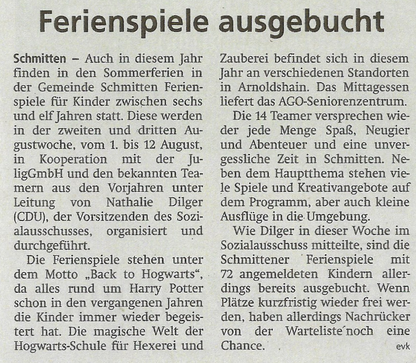 Ferienspiele werden durch AGO Schmitten mit Mittagessen versorgt