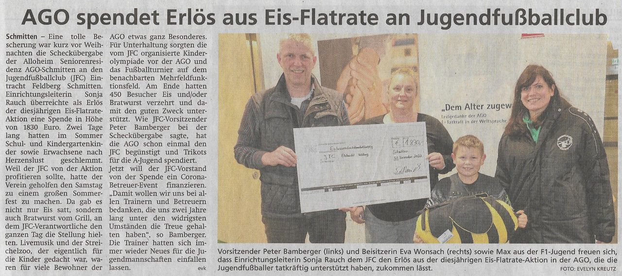 AGO sendet Erlös aus Eis-Flatrate an Jugendfußballclub
