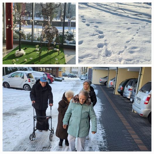 Collage, Bewohner beim Spaziergang, schneebedeckte Wiese, Winterdekoration