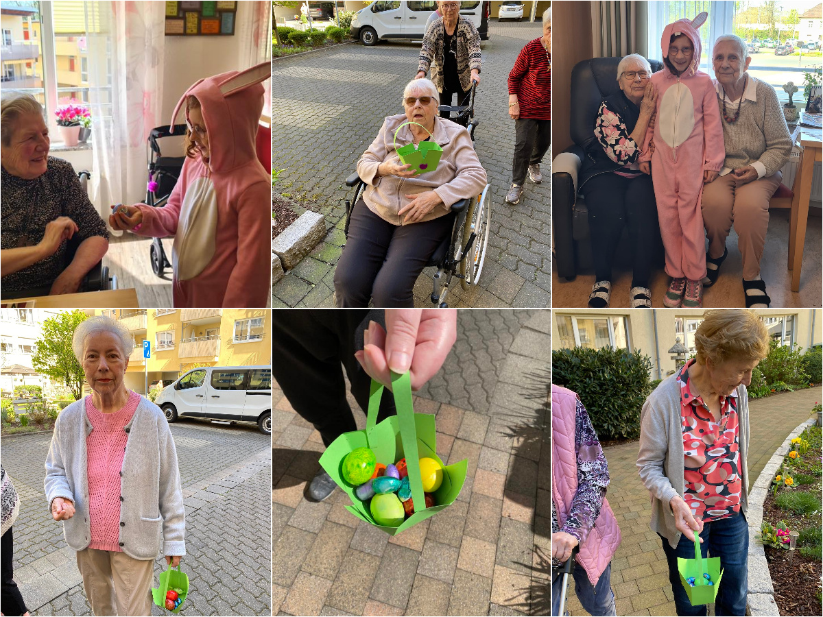 Senioren suchen Ostereier, der Osterhase ist zu Besuch