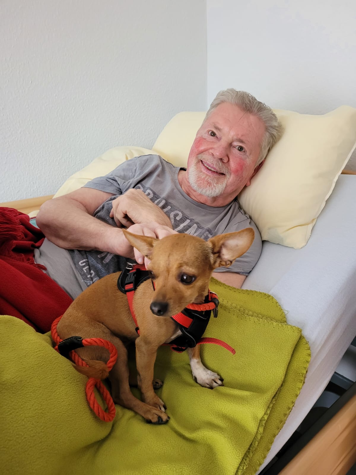 Bewohner mit Hund im Bett